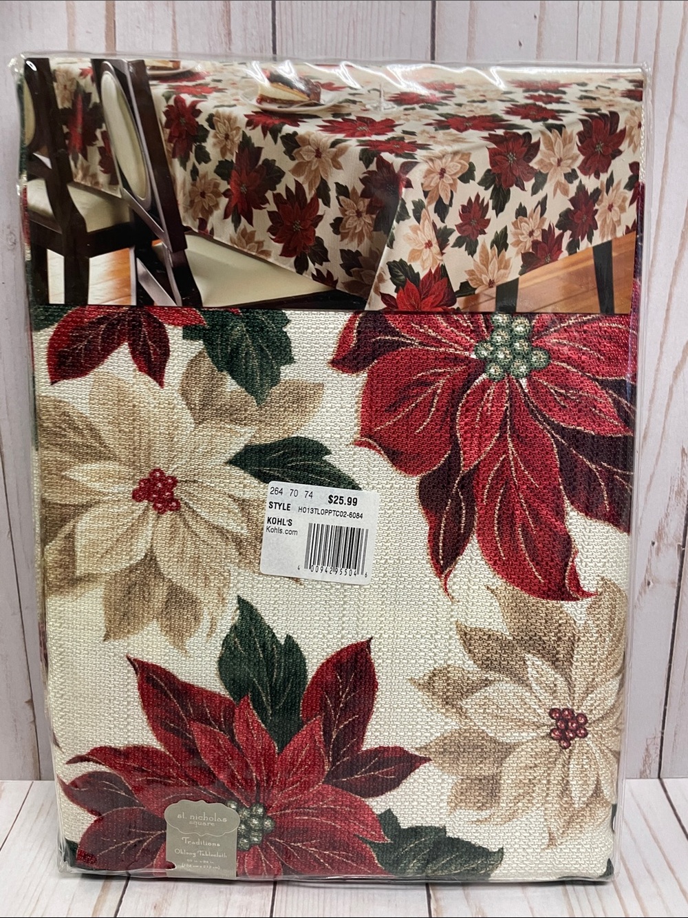 Tablecloth Christmas Red Green Gold Natural Tan Floral Poinsettia 60" x 84" NEW
